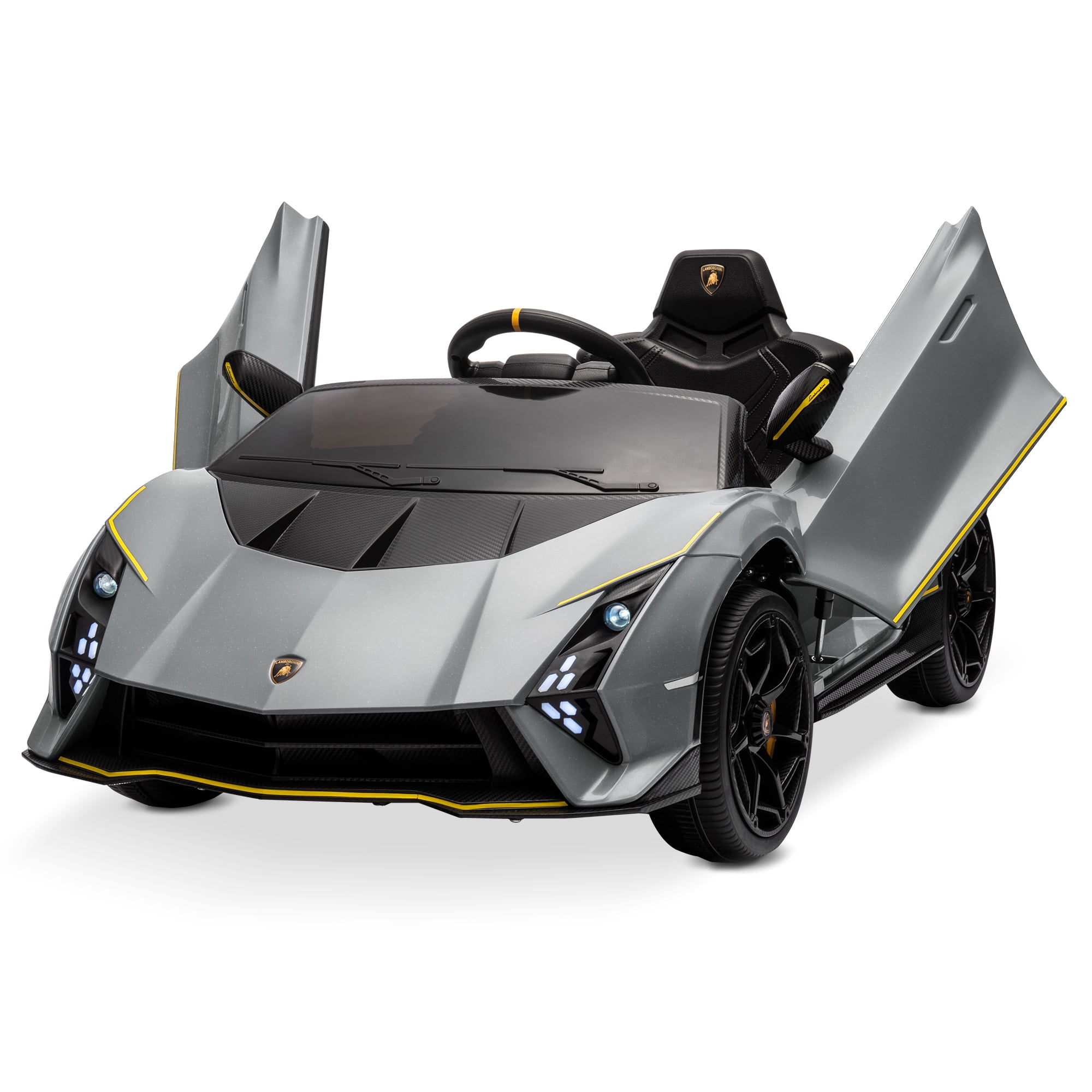 Kidzone 12V Ride On Car, Licensed Lamborghini Autentica Electric Vehicle Toy for 3-6 Years Kids & Toddler, Battery Powered Sports Car w/2 Speed, Parent Control, Bluetooth, Spring Suspension - Gray