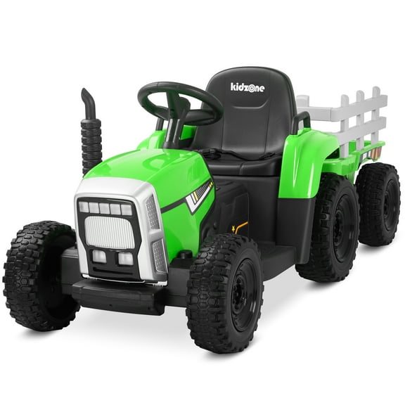 Kidzone 12V7AH Premium Version w/ EVA Treaded Tires Dual 35W Motors for 3+ Years Boys & Girls, Electric Tractor w/ Trailer Toddler Ride On Toy 3-Gear-Shift, 7-LED Lights Bluetooth, Green