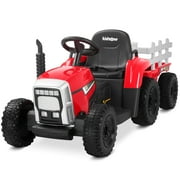 Kidzone 12V7AH Premium Version w/ EVA Treaded Tires Dual 35W Motors for 3+ Years Boys & Girls, Electric Tractor w/ Trailer Toddler Ride On Toy 3-Gear-Shift, 7-LED Lights Bluetooth, Red