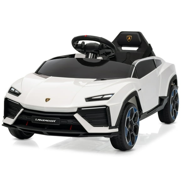 Kidzone 12v Electric Ride On Car for Kids, Licensed Lamborghini Lanzador Battery Powered Sports Car Toy with Parent Remote Control & Manual Drive, Bluetooth, LED Lights& Music - White