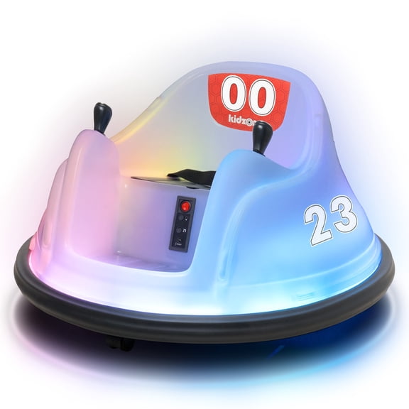 Kidzone 6V Electric Ride On Bumper Car for Kids & Toddlers 18-72 months, Baby Bumping Toy Gifts W/Remote Control, Flashing Full-Body LED Lights & 360 Degree Spin, DIY Sticker - White