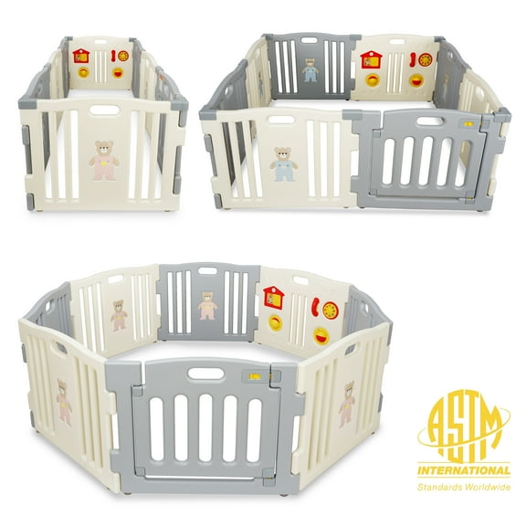 Kidzone Baby Interactive Playpen 8 Panel Safety Gate Children Play Center Child Activity Pen ASTM Certified, Grey- White