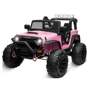 Kidzone Kids 12V 9AH Battery Powered Extra Wide Seat Ride On Truck with DIY License Plate, Off Road Big Wheels, Front Bumper, LED light, Remote Control, Bluetooth Music, 2 Speeds - Light Pink