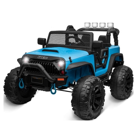 Kidzone Kids 12V 9AH Battery Powered Extra Wide Seat Ride On Truck with DIY License Plate, Off Road Big Wheels, Front Bumper, LED light, Remote Control, Bluetooth Music, 2 Speeds - Light Blue