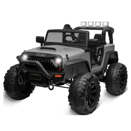 Kidzone Kids 12V 9AH Battery Powered Extra Wide Seat Ride On Truck with DIY License Plate, Off Road Big Wheels, Front Bumper, LED light, Remote Control, Bluetooth Music, 2 Speeds - Gray