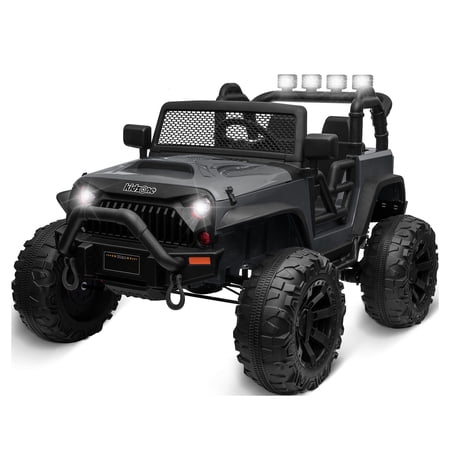 Kidzone Kids 12V Battery Powered Extra Wide Seat Ride On Truck with Off Road Big Wheels, Front Bumper, LED light, Remote Control, Bluetooth Music, 2 Speeds and DIY License Plate - Dark Grey