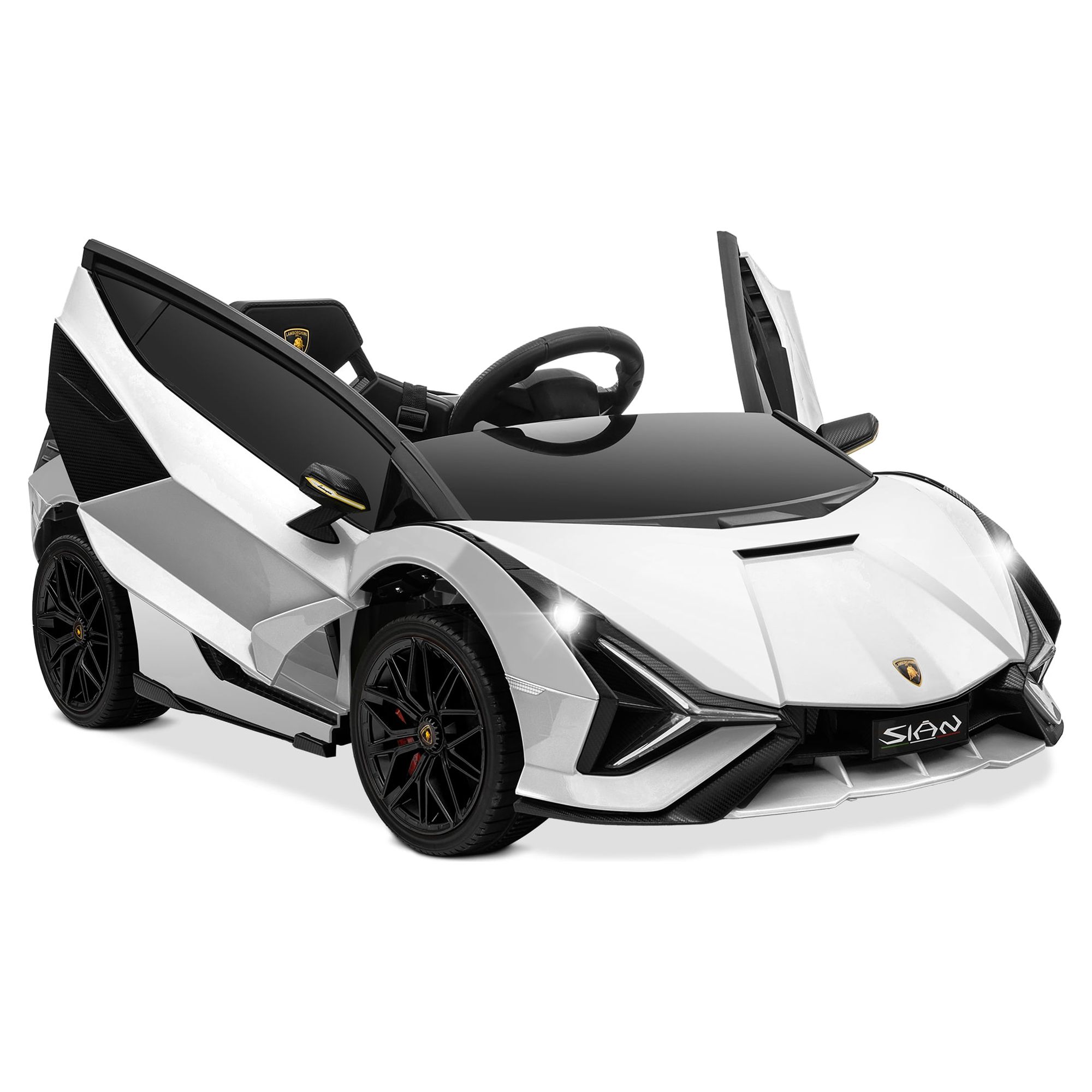 Kidzone Kids 12V Electric Ride On Licensed Lamborghini Sian Roadster Motorized Sport Vehicle With 2 Speed, Remote Control, Wheels Suspension, LED lights, USB/Bluetooth Music, Engine Sounds, White - image 1 of 6