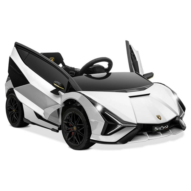 Kidzone Kids 12V Electric Ride On Licensed Lamborghini Sian Roadster Motorized Sport Vehicle With 2 Speed, Remote Control, Wheels Suspension, LED lights, USB/Bluetooth Music, Engine Sounds, White