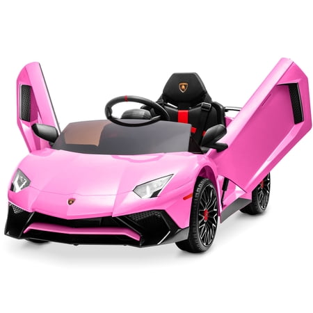 Kidzone Kids Electric Ride On 12V Licensed Lamborghini Aventador SV Battery Powered Sports Car Toy W/ 2 Speeds, Parent Control, Sound System, LED Headlights & Hydraulic Doors, Pink