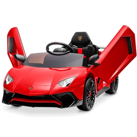 Kidzone Kids Electric Ride On 12V Licensed Lamborghini Aventador SV Battery Powered Sports Car Toy W/ 2 Speeds, Parent Control, Sound System, LED Headlights & Hydraulic Doors, Red