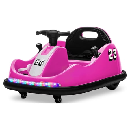 Kidzone Twin-Motor 12V Kids Toy Electric Ride On Bumper Car Vehicle Remote Control Bluetooth Music 360 Spin ASTM-Certified DIY Sticker Race #00-99, Pink