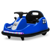 Kidzone Twin-Motor 12V Kids Toy Electric Ride On Bumper Car Vehicle Remote Control Bluetooth Music 360 Spin ASTM-Certified DIY Sticker Race #00-99, Blue