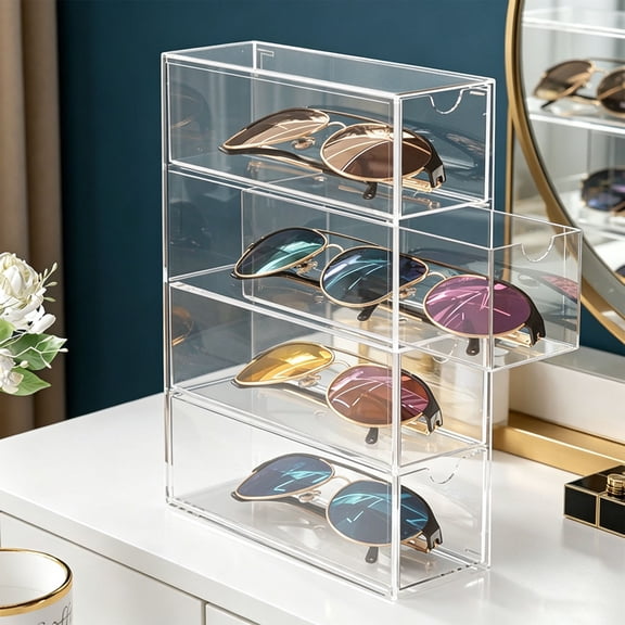 Kieccall 4 Layer Stackable Acrylic Eyeglasses Storage Box Dustproof Display Case for Sunglasses Gift