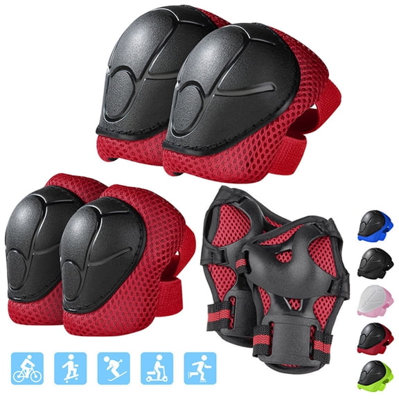 Kieccall 6Pcs Protective Gear Set - Lightweight Knee/Elbow Pads & Wrist Guards with Anti-Slip Lining for Skateboarding, Roller Skating & Balance Bike Riding - Red