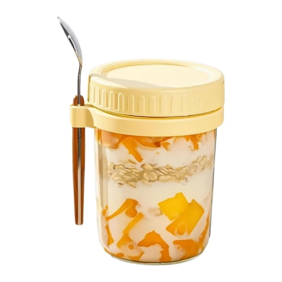 Kieccall Glass Breakfast Cup Sealed Container with Lid and Spoon Transparent Mug for Light Meal Daily Household Food Holding