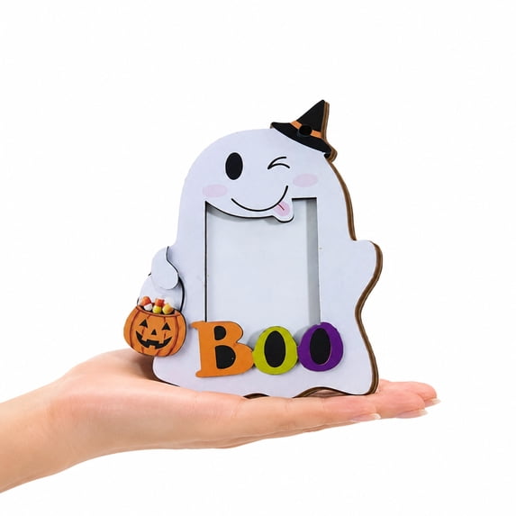 Kieccall Halloween Ghost Wooden Picture Frame Cute Spooky Shape, Ghost Shaped Photo Frame with Stand and Hanging Rope, Tabletop Ornament Wall Hanging Decor for Halloween Party Home
