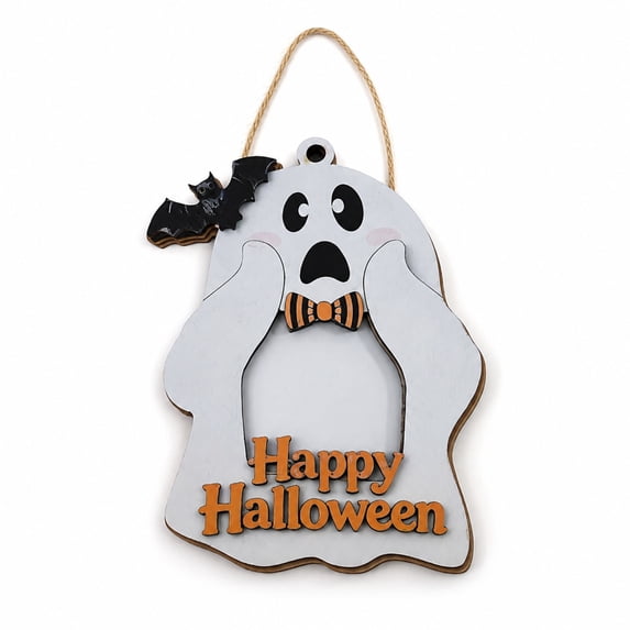 Kieccall Halloween Ghost Wooden Picture Frame Cute Spooky Shape, Ghost Shaped Photo Frame with Stand and Hanging Rope, Tabletop Ornament Wall Hanging Decor for Halloween Party Home
