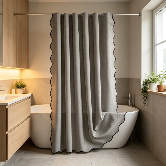 Kieccall Linen Textured Shower Curtain Wavy Edge Bath Screen Waterproof Fabric Drape, 70.87 by 78.74 Inch for Bathroom Shower Tub Separation Home Decor Daily Wet Dry Partition Gift