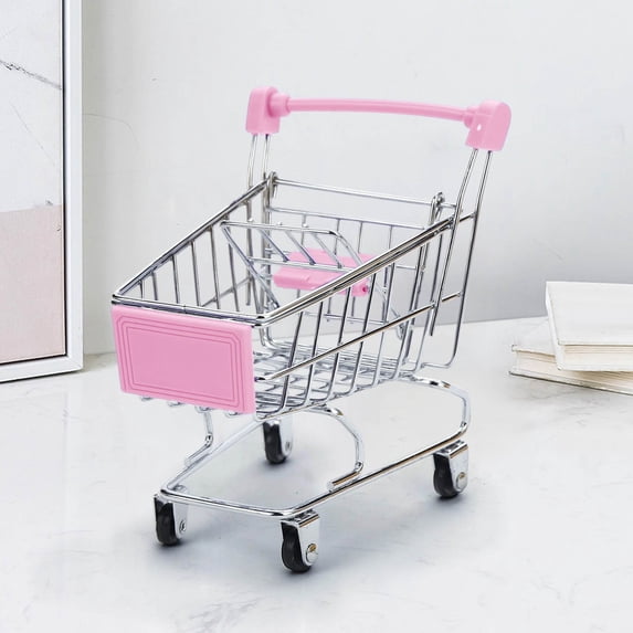 Kieccall Mini Simulated Supermarket Shopping Trolley, Small Rolling Hand Push Replica Cart, Compact Decorative Shopping Cart for Household Scene Display Leisure Ornament Gift