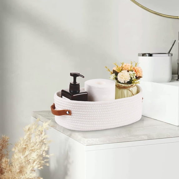 Kieccall Oval Cotton Rope Storage Basket with Leather Handles for Bathroom Toys Gift