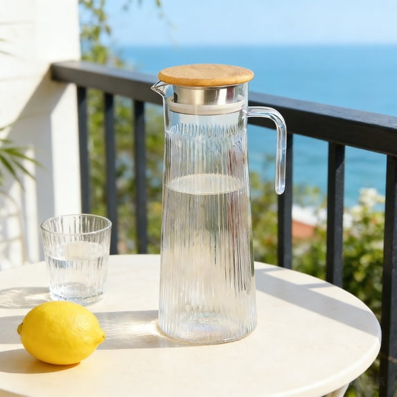 Kieccall PC Striped Clear Cold Water Pitcher with Bamboo Lid Juice Beverage Carafe Gift