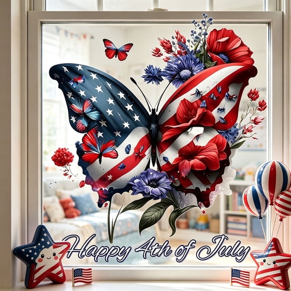 Kieccall Patriotic Butterfly Window Decal USA Flag Floral Sticker for Home Glass 250th July 4th Decor