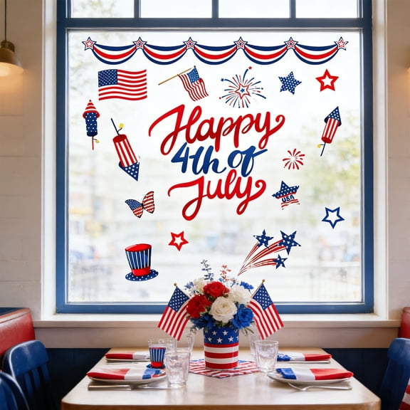 Kieccall Patriotic Fireworks Window Clings USA Flag Decal for Home Glass 250th Anniversary Memorial Day Decor
