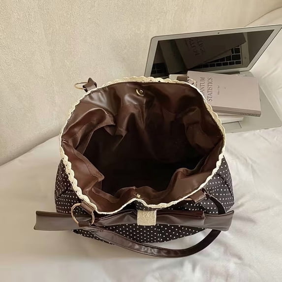 Kieccall Polka Dot Lace Bow Decor Shoulder Bag Large Capacity Daily Commute Storage Handbag Gift
