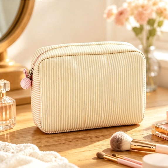 Kieccall Striped Travel Cosmetic Bag Soft Portable Toiletry Organizer Bag For Daily Outdoor Storage Gift