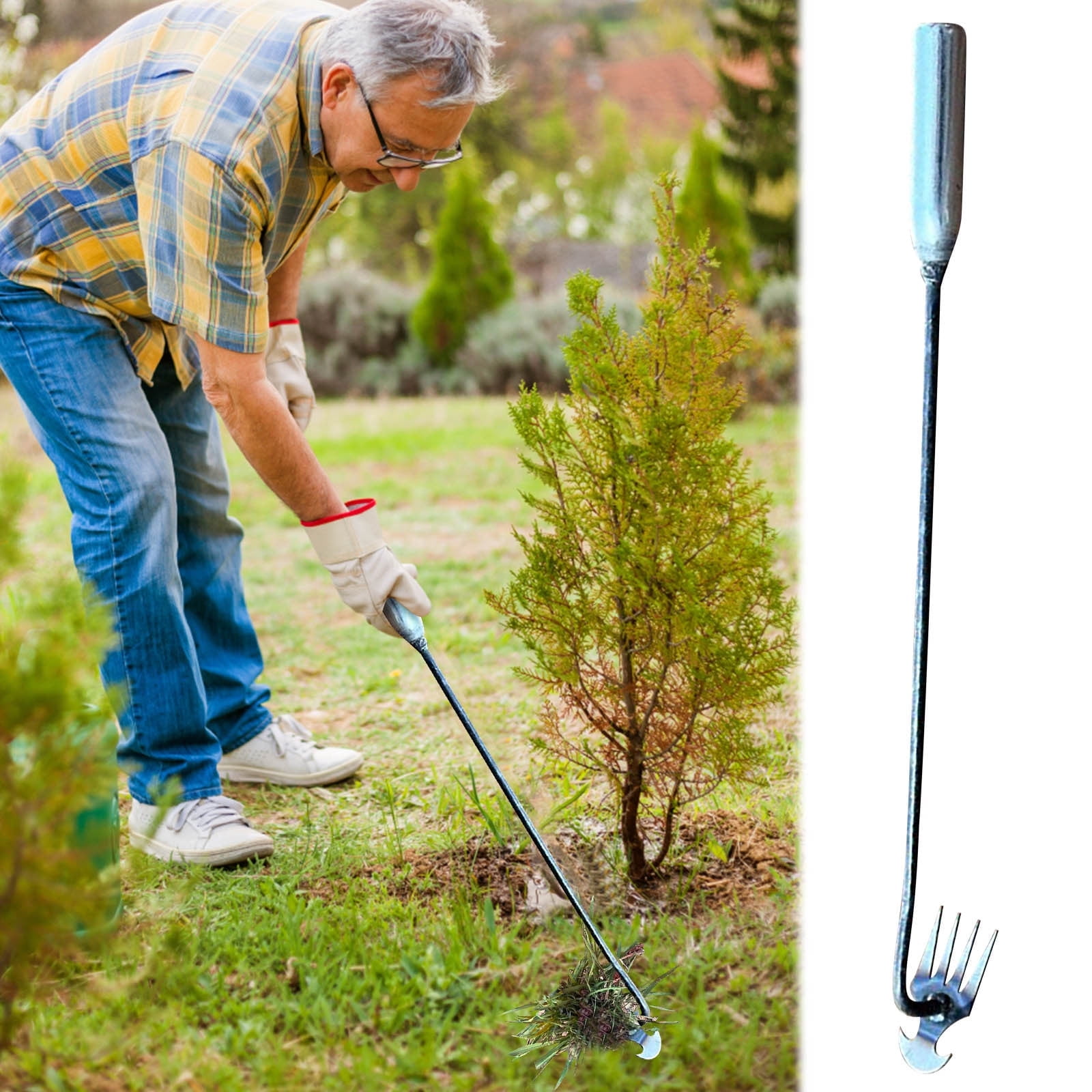 Kieccall Weeding Tool Garden Weeder Heavy Duty 4 Tine Iron Handle 19.7 Inch Hoe for Backyard Lawn Garden Weeding and Soil Cultivating Maintenance weeding tool