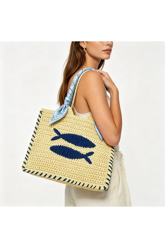 Woven Beach Bag Fish Pattern Large Capacity Tote for Summer Travel Gift