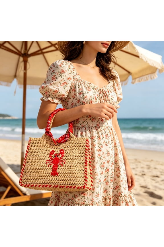 Woven Beach Bag Lobster Pattern Large Capacity Tote for Summer Travel Gift
