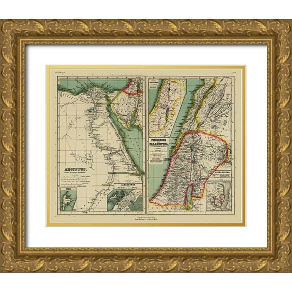 Kiepert 31x26 Gold Ornate Wood Framed with Double Matting Museum Art Print Titled - Middle East Egypt Palestina Phoenice - Kiepert