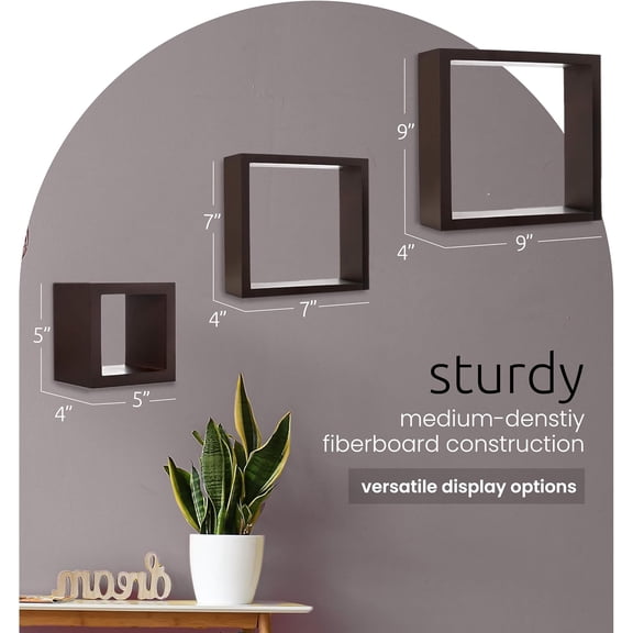Kiera Grace  Floating Shelves, Modern Wall-Mounted Square Shelves for Bedroom, Bathroom, Kitchen, Easy to Hang, 5"/7"/9", Expresso, Set of 3
