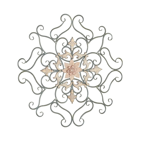 Kieran Handcrafted Metal Scroll Medallion Wall Grille, Handpainted Blush Pink and Gray