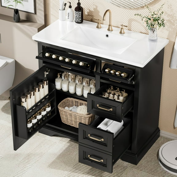 Christopher Knight Home 36" Bathroom Vanity with Sink, Tip-out Drawers, Soft-Close Doors, Black