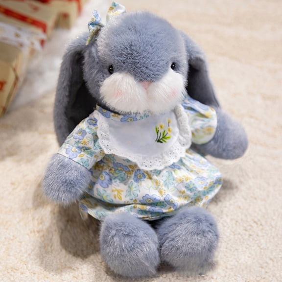 Kiewfjdk 17.7" Cute Bunny Stuffed Animals, Soft Rabbit Plush Toy with Floral Dress, Blue Easter Bunny Plushie for Kids, Farmhouse Style Plush Gift for Girls & Boys, Bedroom Decor & Hugging Pillow