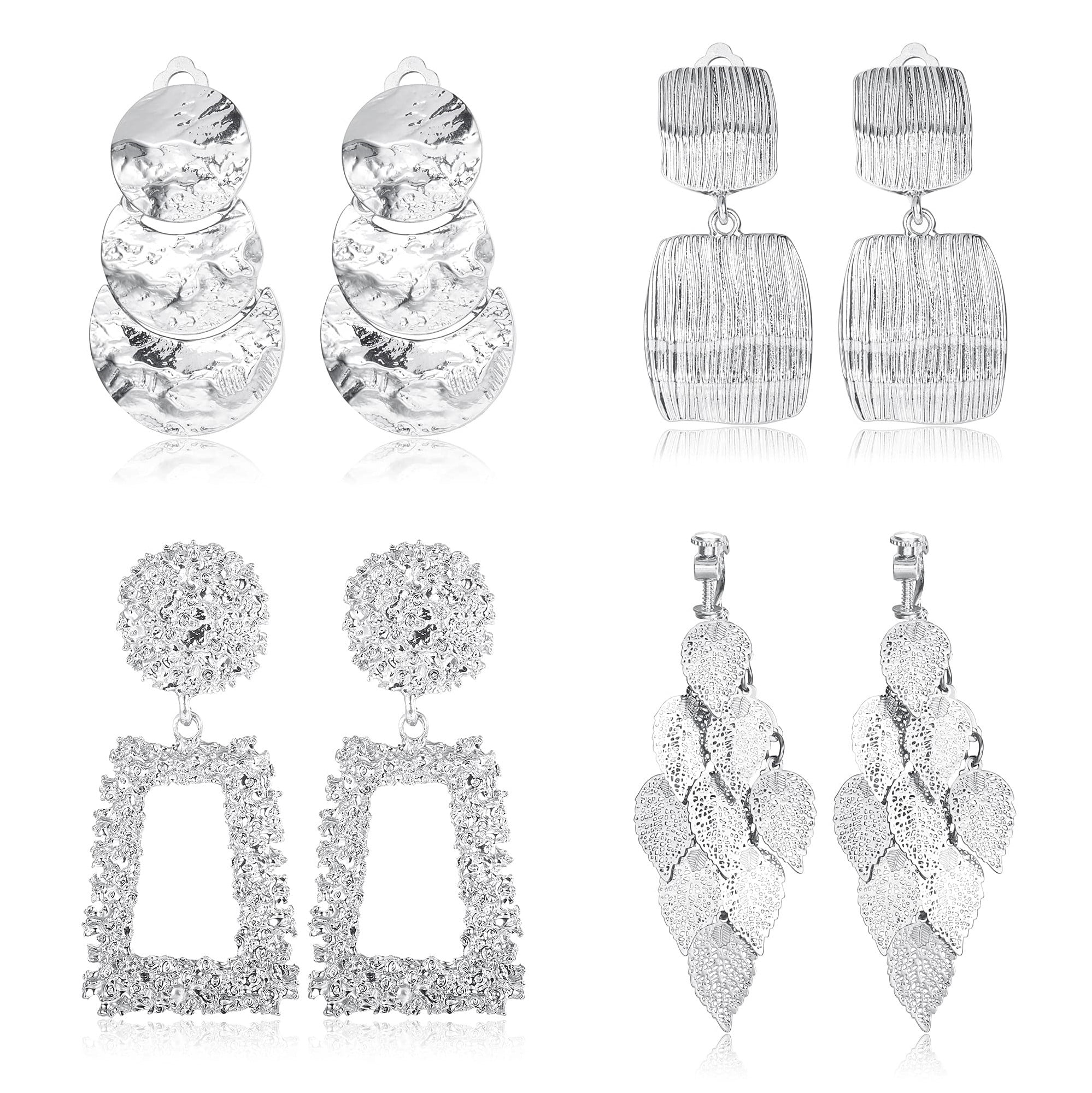 Kiewfjdk 4 Pairs Clip On Drop Earrings Set Square Rectangle Golden