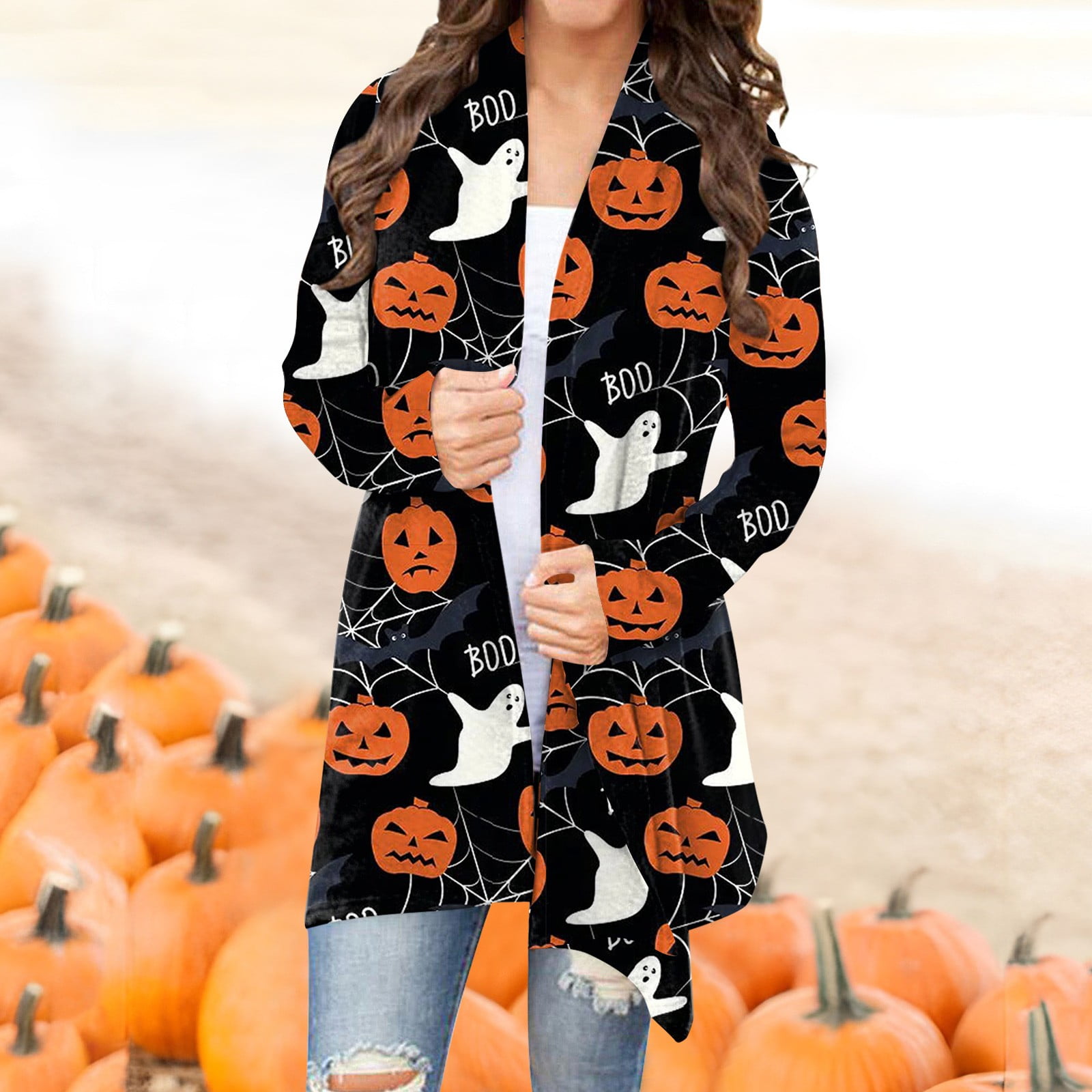 Kiewfjdk Women's Halloween Cardigan Sweater Skull Pumpkin Print Pattern