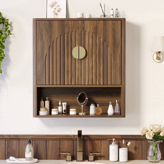 Aufeile Bathroom Medicine Cabinet with Arched Door, Wall Mounted Over The Toilet Storage Cabinet with Adjustable Shelf & Open Shelf for Bathroom, Laundry, Living Room, Kitchen, Walnut