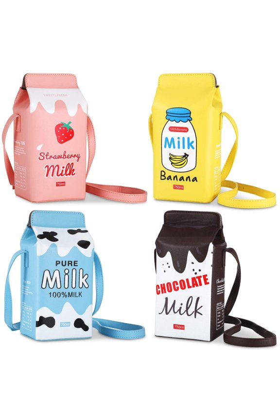 4 Set Girls Strawberry Milk Purse Pig Milk Box Small Purses Crossbody Purse Bag Pu Phone Shoulder Wallet Bag for Women Girl (Fruit) Y101