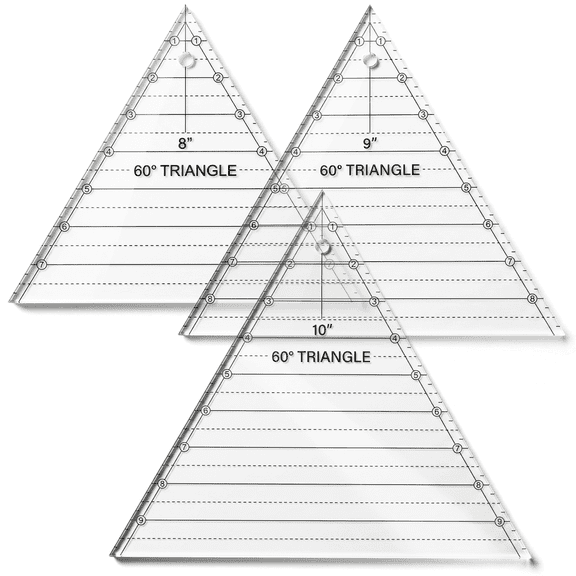 Kigley 3-Piece 60-Degree Triangle Ruler Set (8, 9, 10 Inch)  Transparent Acrylic Quilting Templates for Sewing, Patchwork, and DIY Crafting