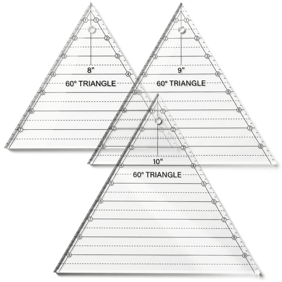 Kigley 3-Piece 60-Degree Triangle Ruler Set (8, 9, 10 Inch)  Transparent Acrylic Quilting Templates for Sewing, Patchwork, and DIY Crafting