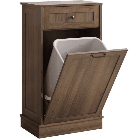 Kigoty Kitchen Trash Can Cabinet, 10 Gallon Tilt Out Trash Canbinet Wood Garbage Hamper Pet Proof, Brown