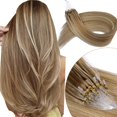 thumbnail image 1 of KiiKiiGirl Microlink Hair Extensions Human Hair,18 Inch #7/60 Chocolate Brown to Caramel Blonde Micro Loop Microbead Micro Link Hair Extensions Human Hair Invisible Straight 30g/38s C80, 1 of 3