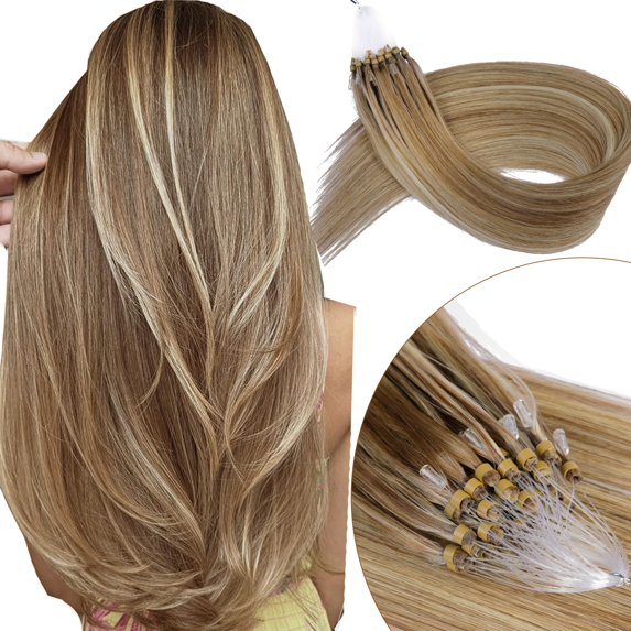 KiiKiiGirl Microlink Hair Extensions Human Hair,18 Inch #7/60 Chocolate Brown to Caramel Blonde Micro Loop Microbead Micro Link Hair Extensions Human Hair Invisible Straight 30g/38s C80