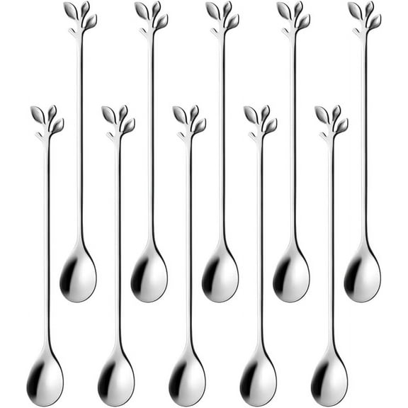 Kiibsot 10-Piece 7.4" Long Handle Teaspoons - Leaf Design for Coffee & Tea Stirring Spoons, Elegant Stainless Steel Stir Spoons