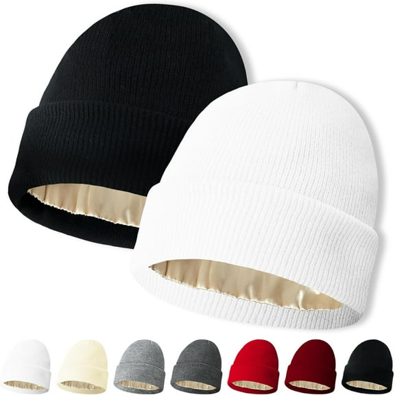 Kiibsot 2 PCS Womens Satin Lined Beanie Cap Silk Lined Beanies Winter Warm Soft Lining Cuffed Knit Beanie Hats