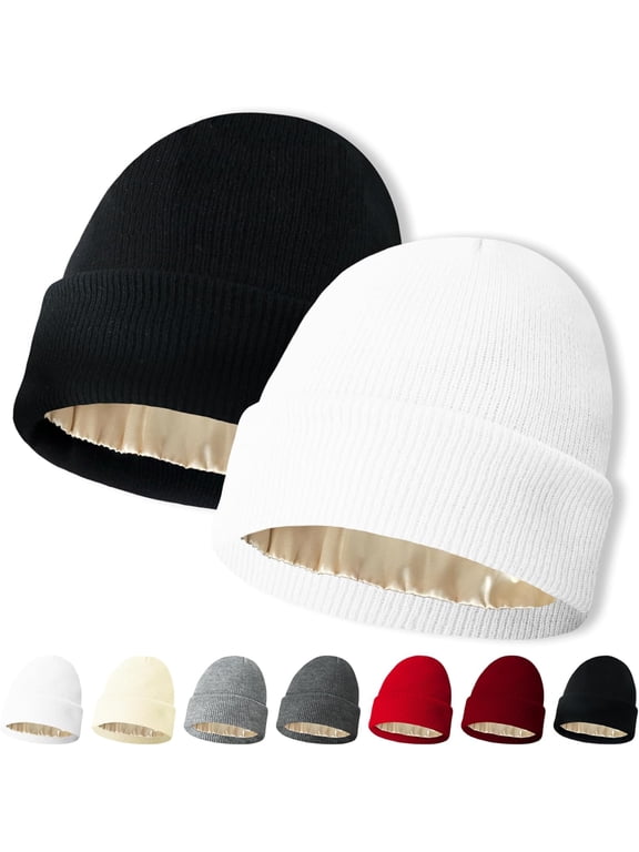 2 PCS Womens Satin Lined Beanie Cap Silk Lined Beanies Winter Warm Soft Lining Cuffed Knit Beanie Hats