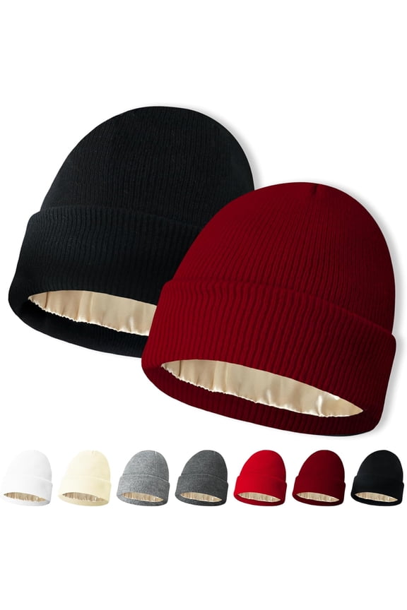 2 PCS Womens Satin Lined Beanie Cap Silk Lined Beanies Winter Warm Soft Lining Cuffed Knit Beanie Hats